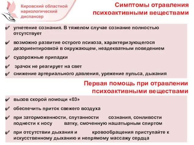 Симптомы отравления психоактивными веществами угнетение сознания. В тяжелом случае сознание полностью отсутствует возможно