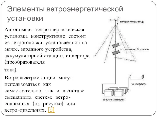 Элементы ветроэнергетической установки Автономная ветроэнергетическая установка конструктивно состоит из ветроголовки,