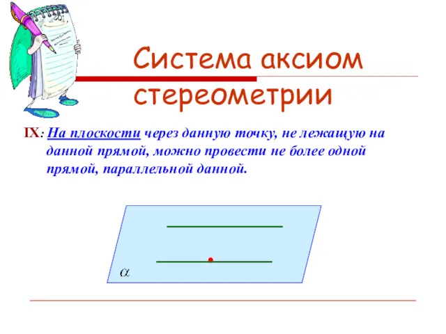 Система аксиом стереометрии IX: На плоскости через данную точку, не