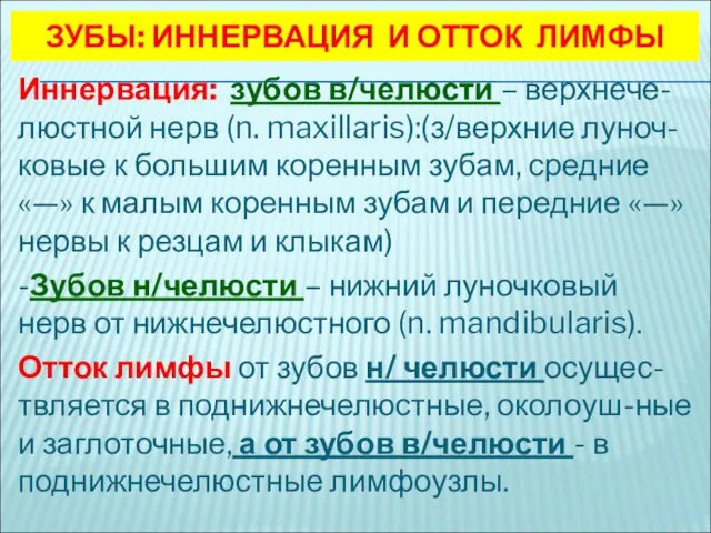 ЗУБЫ: ИННЕРВАЦИЯ И ОТТОК ЛИМФЫ Иннервация: зубов в/челюсти – верхнече-люстной