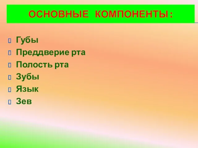 ОСНОВНЫЕ КОМПОНЕНТЫ : Губы Преддверие рта Полость рта Зубы Язык Зев