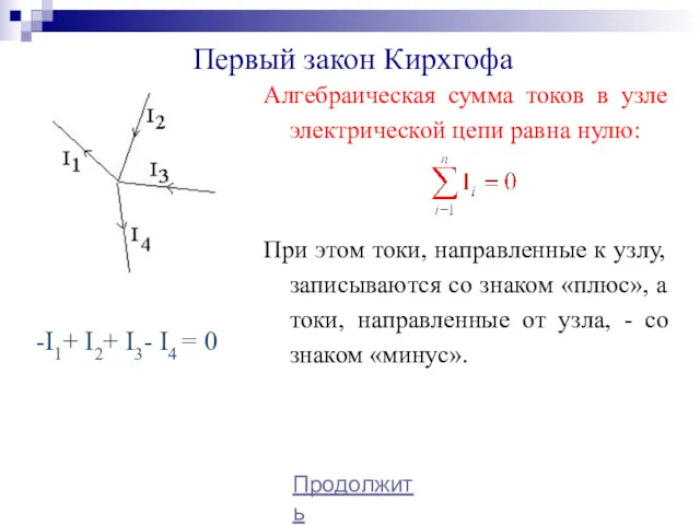 Первый закон Кирхгофа Алгебраическая сумма токов в узле электрической цепи