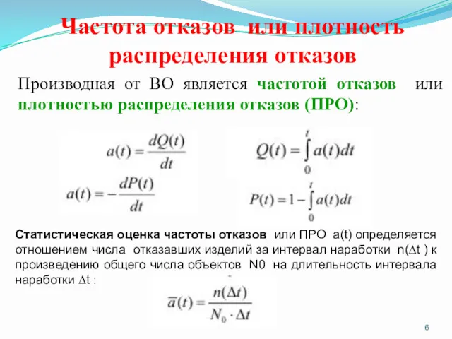 Частота отказов или плотность распределения отказов Производная от ВО является