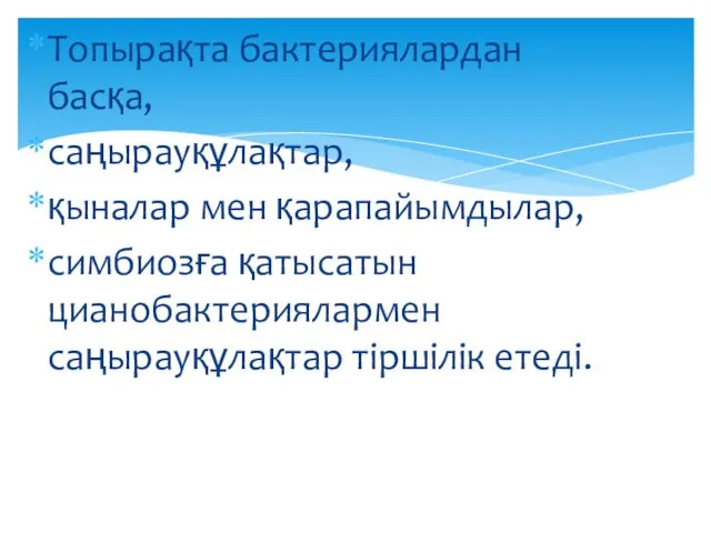 Топырақта бактериялардан басқа, саңырауқұлақтар, қыналар мен қарапайымдылар, симбиозға қатысатын цианобактериялармен саңырауқұлақтар тіршілік етеді.