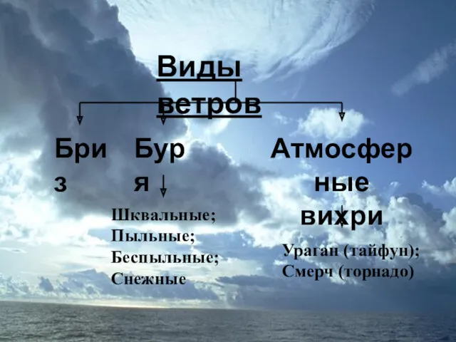 Виды ветров Бриз Буря Шквальные; Пыльные; Беспыльные; Снежные Атмосферные вихри Ураган (тайфун); Смерч (торнадо)