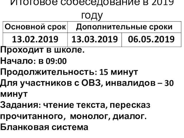 Итоговое собеседование в 2019 году Проходит в школе. Начало: в