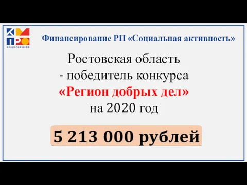 Ростовская область - победитель конкурса «Регион добрых дел» на 2020 год Финансирование РП «Социальная активность»