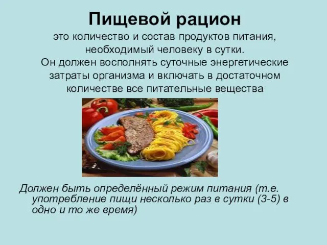 Пищевой рацион это количество и состав продуктов питания, необходимый человеку