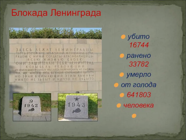 Блокада Ленинграда убито 16744 ранено 33782 умерло от голода 641803 человека