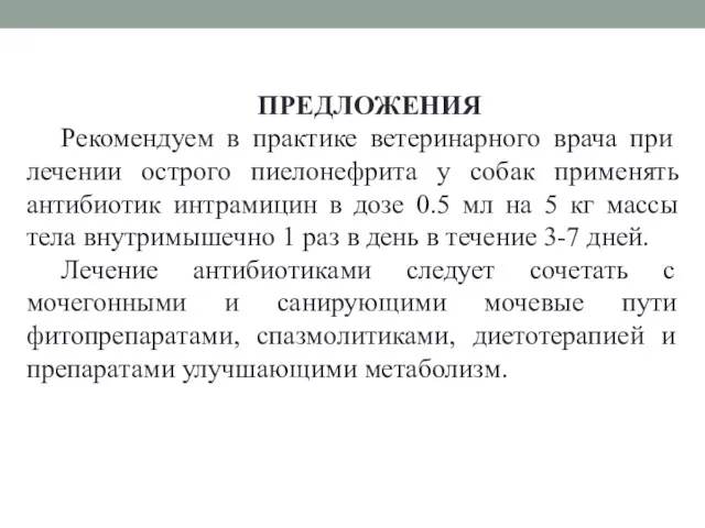 ПРЕДЛОЖЕНИЯ Рекомендуем в практике ветеринарного врача при лечении острого пиелонефрита