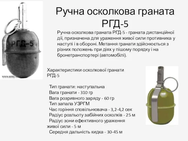 Ручна осколкова граната РГД-5 Ручна осколкова граната РГД-5 - граната дистанційної дії, призначена