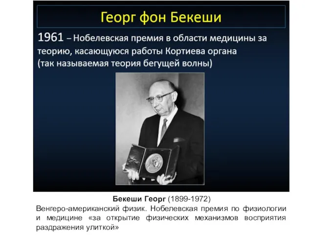 Бекеши Георг (1899-1972) Венгеро-американский физик. Нобелевская премия по физиологии и