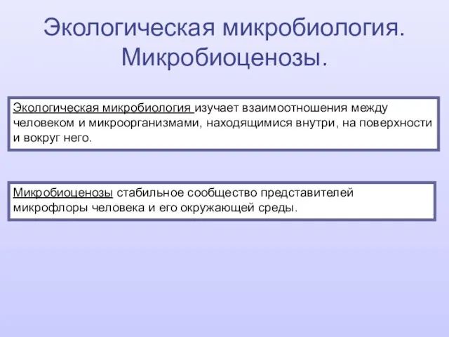 Экологическая микробиология изучает взаимоотношения между человеком и микроорганизмами, находящимися внутри,