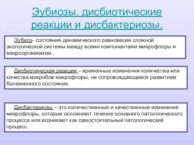 Эубиозы, дисбиотические реакции и дисбактериозы. Эубиоз- состояние динамического равновесия сложной