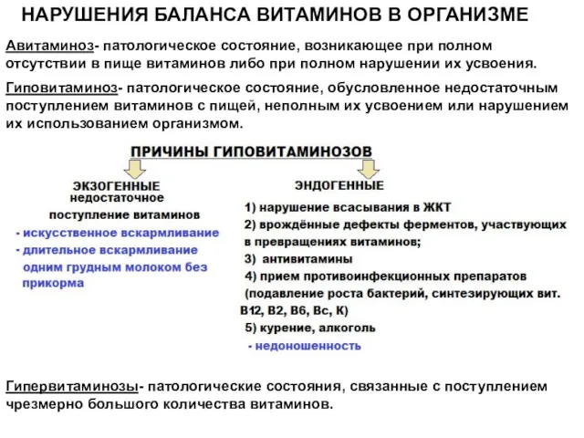 НАРУШЕНИЯ БАЛАНСА ВИТАМИНОВ В ОРГАНИЗМЕ Авитаминоз- патологическое состояние, возникающее при полном отсутствии в