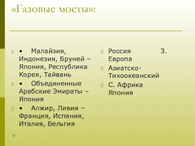 «Газовые мосты»: • Малайзия, Индонезия, Бруней – Япония, Республика Корея,