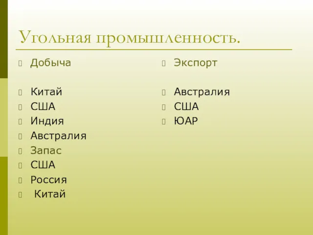 Угольная промышленность. Добыча Китай США Индия Австралия Запас США Россия Китай Экспорт Австралия США ЮАР
