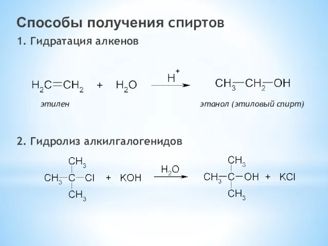 Способы получения спиртов 1. Гидратация алкенов 2. Гидролиз алкилгалогенидов этилен этанол (этиловый спирт)