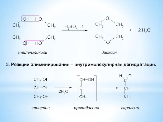 этиленгликоль диоксан 3. Реакции элиминирования – внутримолекулярная дегидратация. глицерин пропадиенол акролеин