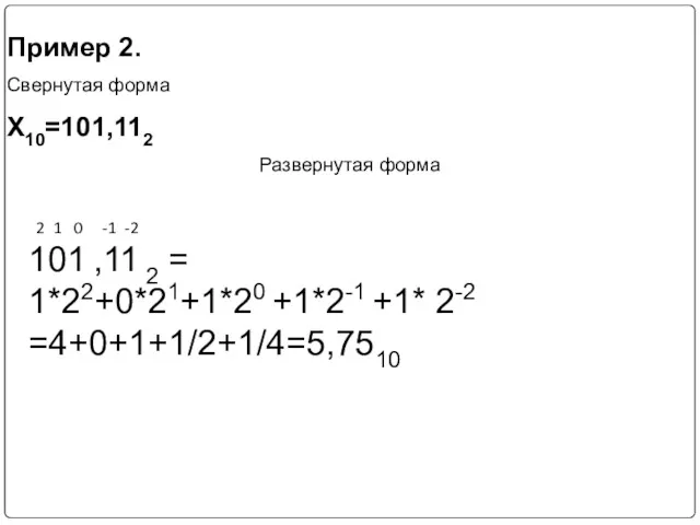 Пример 2. Свернутая форма Х10=101,112 Развернутая форма 4 3 2