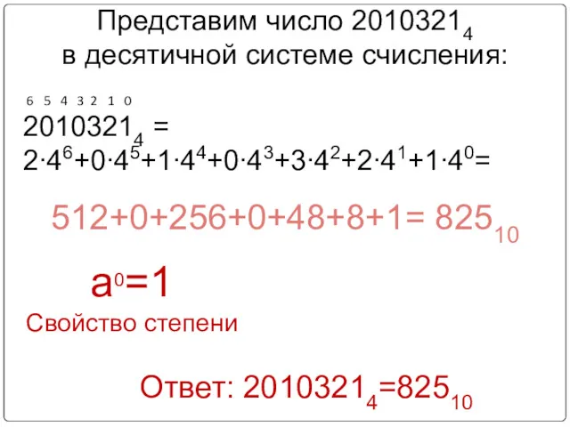 Представим число 20103214 в десятичной системе счисления: Ответ: 20103214=82510 512+0+256+0+48+8+1=