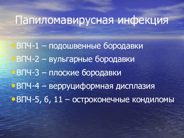 Папиломавирусная инфекция ВПЧ-1 – подошвенные бородавки ВПЧ-2 – вульгарные бородавки