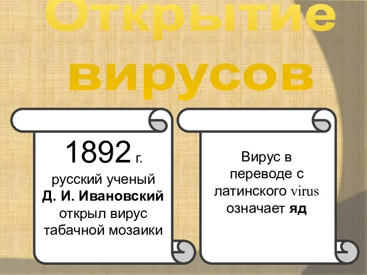 Открытие вирусов 1892 г. русский ученый Д. И. Ивановский открыл