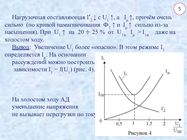 5 Нагрузочная составляющая I’2 ↓ с U1 ↑, а Iμ