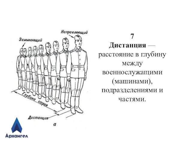 7 Дистанция — расстояние в глубину между военнослужащими (машинами), подразделениями и частями.