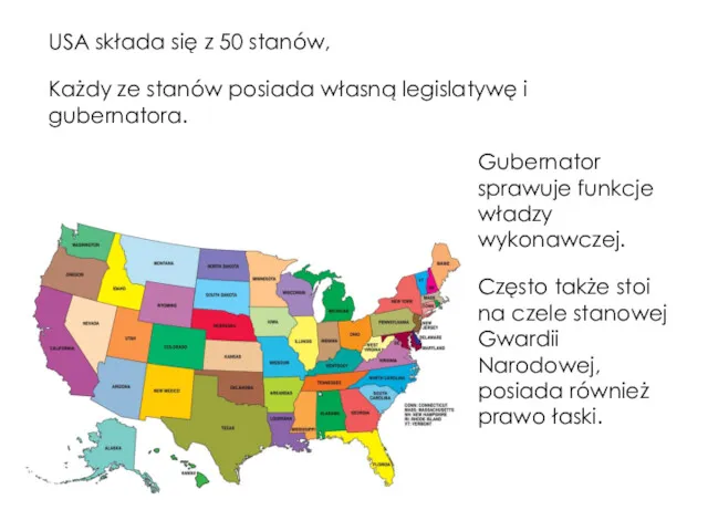 USA składa się z 50 stanów, Każdy ze stanów posiada własną legislatywę i