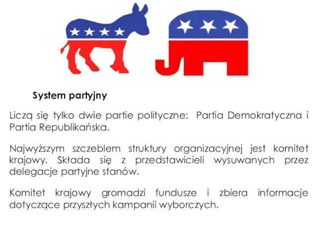 Liczą się tylko dwie partie polityczne: Partia Demokratyczna i Partia Republikańska. Najwyższym szczeblem