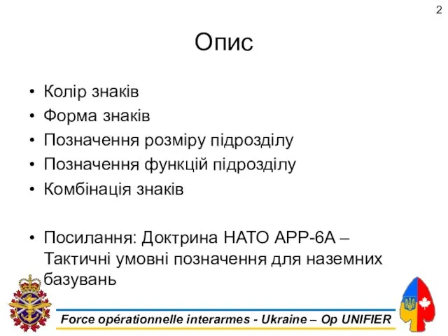 Опис Колір знаків Форма знаків Позначення розміру підрозділу Позначення функцій