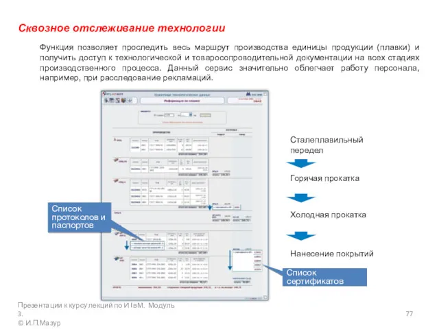 Сквозное отслеживание технологии Функция позволяет проследить весь маршрут производства единицы