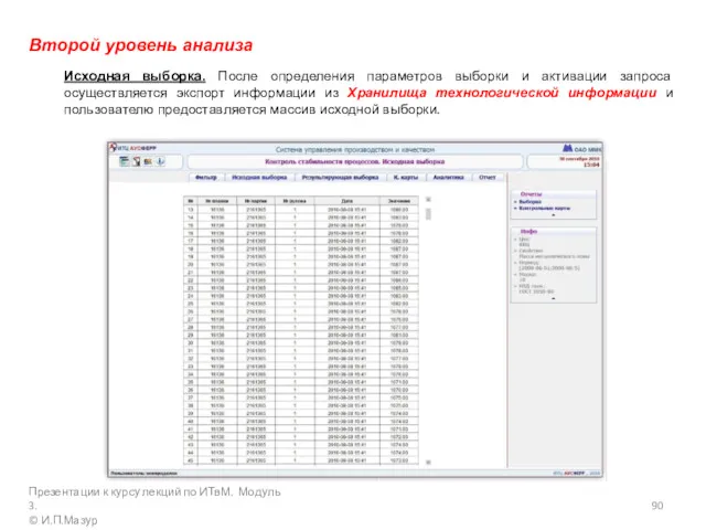 Второй уровень анализа Исходная выборка. После определения параметров выборки и