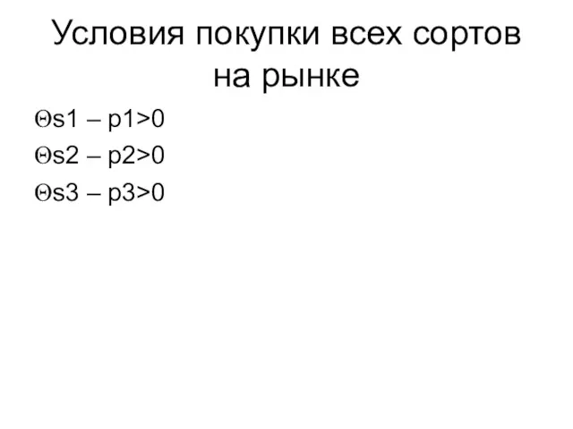 Условия покупки всех сортов на рынке Θs1 – p1>0 Θs2 – p2>0 Θs3 – p3>0