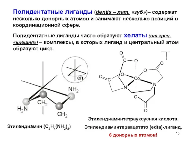 Полидентатные лиганды (dentis – лат. «зуб»)– содержат несколько донорных атомов