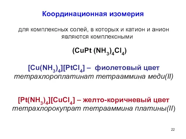 Координационная изомерия для комплексных солей, в которых и катион и