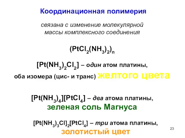 Координационная полимерия связана с изменение молекулярной массы комплексного соединения (PtCl2(NH3)2)n