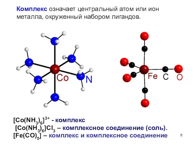 [Co(NH3)6]3+ - комплекс [Co(NH3)6]Cl3 – комплексное соединение (соль). [Fe(CO)5] –