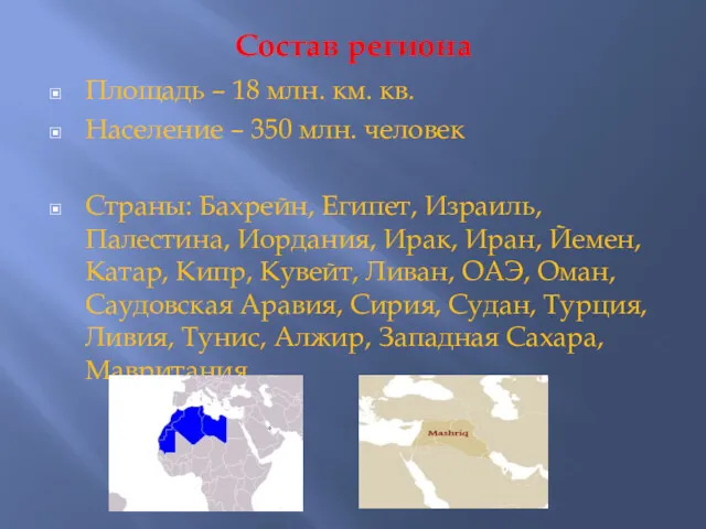 Состав региона Площадь – 18 млн. км. кв. Население –