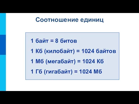 Соотношение единиц 1 байт = 8 битов 1 Кб (килобайт) = 1024 байтов