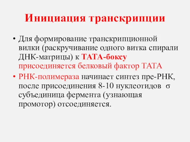 Инициация транскрипции Для формирование транскрипционной вилки (раскручивание одного витка спирали ДНК-матрицы) к ТАТА-боксу