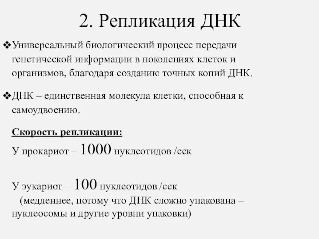 2. Репликация ДНК Универсальный биологический процесс передачи генетической информации в