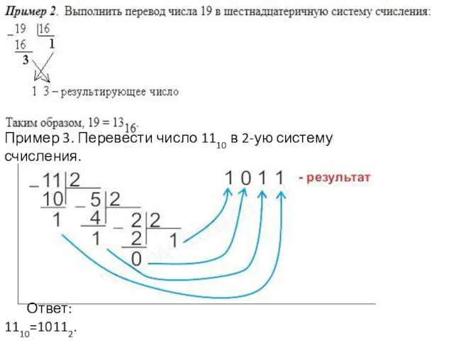 Пример 3. Перевести число 1110 в 2-ую систему счисления. Ответ: 1110=10112.