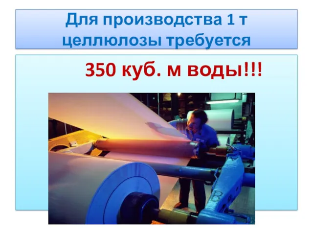 Для производства 1 т целлюлозы требуется 350 куб. м воды!!!