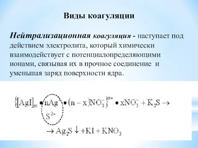 Виды коагуляции Нейтрализационная коагуляция - наступает под действием электролита, который