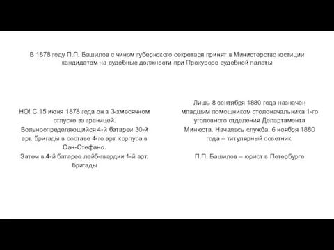 В 1878 году П.П. Башилов с чином губернского секретаря принят