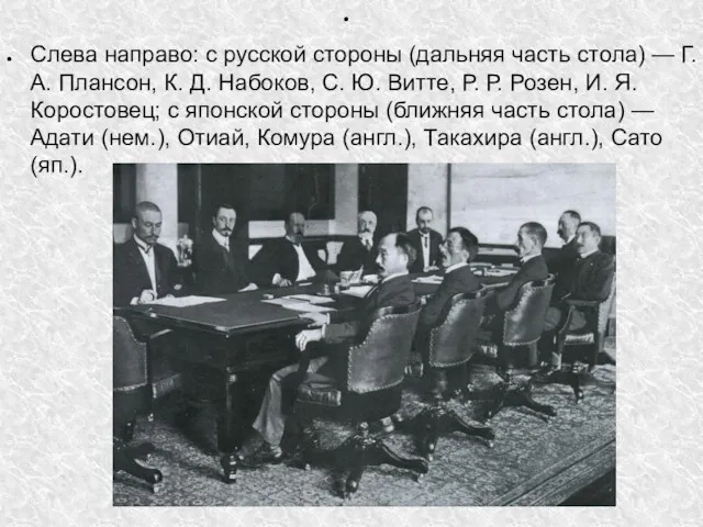 Слева направо: с русской стороны (дальняя часть стола) — Г. А. Плансон, К.
