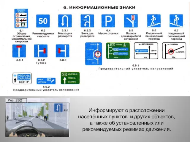 Информируют о расположении населённых пунктов и других объектов, а также об установленных или рекомендуемых режимах движения.