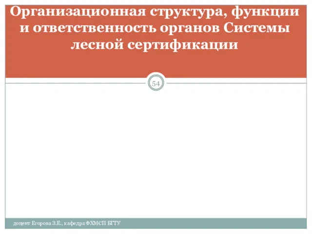 Организационная структура, функции и ответственность органов Системы лесной сертификации доцент Егорова З.Е., кафедра ФХМСП БГТУ